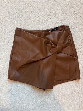 Zara Cognac Faux Leather Knot-Detail Mini Skirt